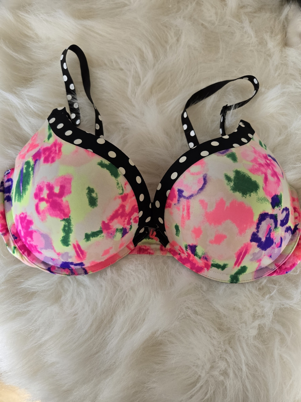 PINK Victoria's Secret Neon Floral Push-Up Bra with Polka Trim - Pink & Green